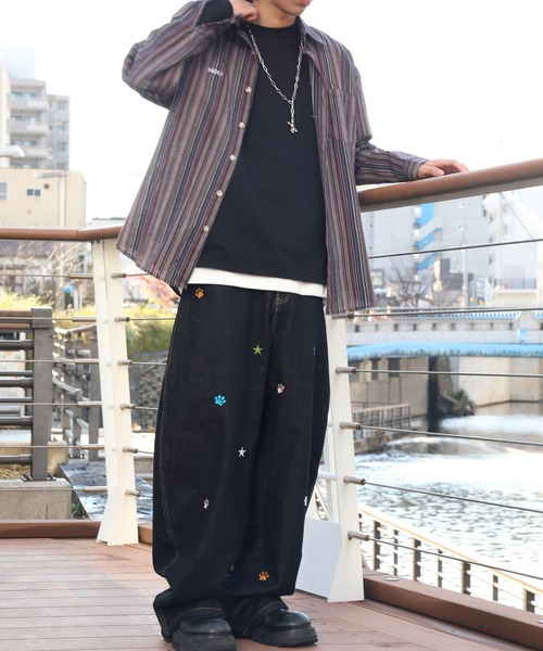 HOOK(フック)の「【HOOK】古着風ストライプ総柄ビッグシャツ(シャツ/ブラウス・メンズ・オリーブ/カーキ/ベージュ/イエロー/パープル/グリーン/グレー・M/L/XL)」の9枚目の写真