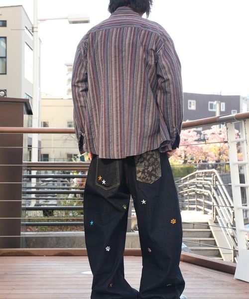 HOOK(フック)の「【HOOK】古着風ストライプ総柄ビッグシャツ(シャツ/ブラウス・メンズ・オリーブ/カーキ/ベージュ/イエロー/パープル/グリーン/グレー・M/L/XL)」の10枚目の写真