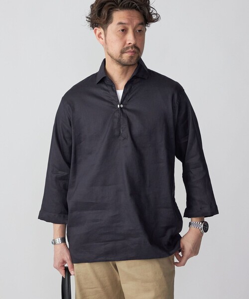 SHIPS（シップス）の「SHIPS: SOLOTEX(R) サフィランリネン リラックス 7スリーブ カプリシャツ（シャツ/ブラウス・メンズ・ブルー/クリーム/オリーブ/サックスブルー/ベビーピンク/ライトホワイト/ブラウン/ネイビー・SMALL/MEDIUM/LARGE/X-LARGE）」の5枚目の写真