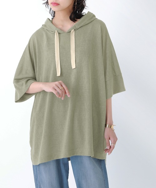 osharewalker（オシャレウォーカー）の「【廃盤】『風合いスラブ半袖パーカー』（パーカー・レディース・ベージュ/カーキ/ライトブルー/オレンジ/ブラック・FREE）」の3枚目の写真