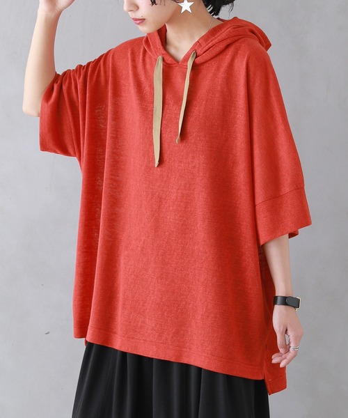 osharewalker（オシャレウォーカー）の「【廃盤】『風合いスラブ半袖パーカー』（パーカー・レディース・ベージュ/カーキ/ライトブルー/オレンジ/ブラック・FREE）」の5枚目の写真