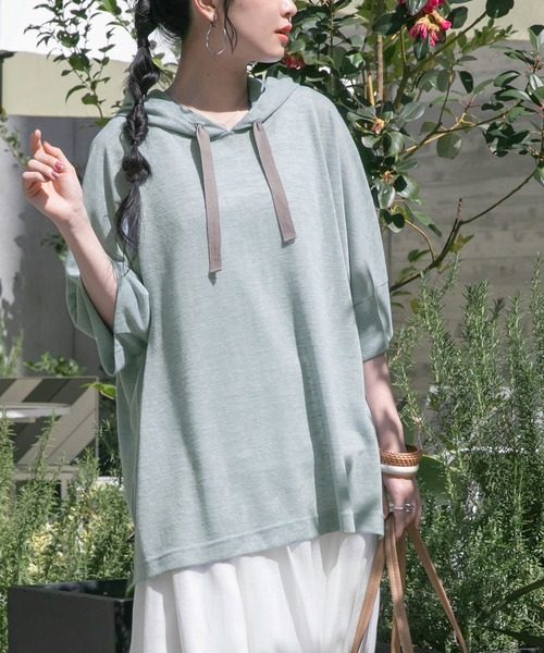 osharewalker（オシャレウォーカー）の「【廃盤】『風合いスラブ半袖パーカー』（パーカー・レディース・ベージュ/カーキ/ライトブルー/オレンジ/ブラック・FREE）」の7枚目の写真