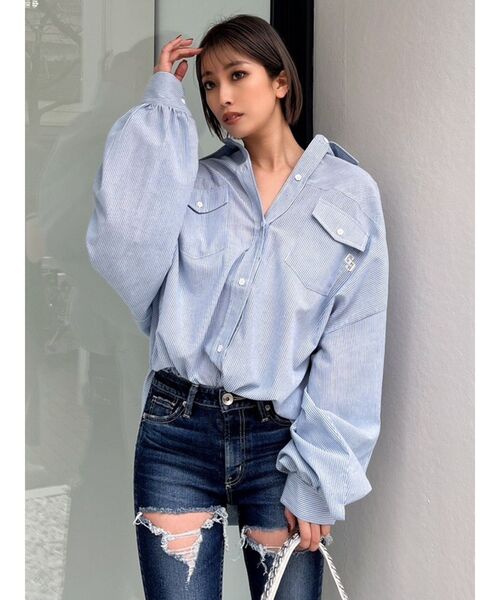 GYDA（ジェイダ）の「GGストライプオーバーシャツ（シャツ/ブラウス・レディース・ライトブルー/オレンジ/ネイビー・FREE）」の8枚目の写真