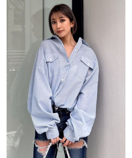 GYDA（ジェイダ）の「GGストライプオーバーシャツ（シャツ/ブラウス・レディース・ライトブルー/オレンジ/ネイビー・FREE）」の9枚目の写真