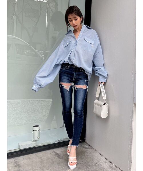 GYDA（ジェイダ）の「GGストライプオーバーシャツ（シャツ/ブラウス・レディース・ライトブルー/オレンジ/ネイビー・FREE）」の11枚目の写真