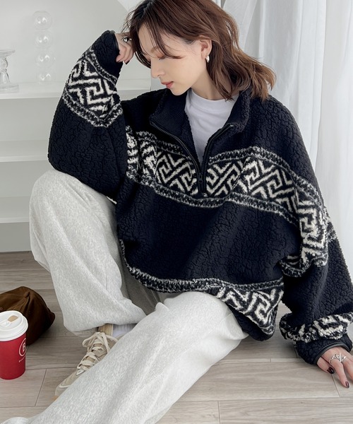 セール】冬ムードがぐっと高まる！柄ボアハーフジッププルオーバー