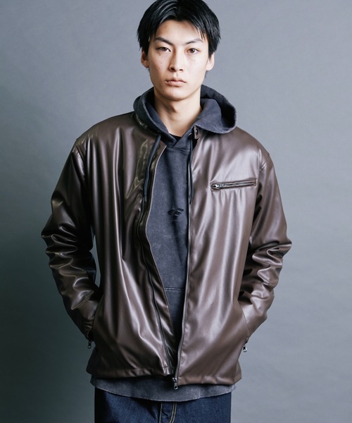 Magine(マージン)の「【SELECT】IR:SYNTHETIC LEATHER SINGLE RIDERS BLOUSON:シンセティック レザー シングルライダースブルゾン(ライダースジャケット・メンズ・ブラウン/ブラック・M/L/XL)」の16枚目の写真