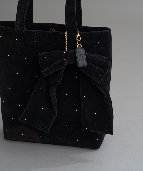 セール】リボンチャーム付き/ベロア×ビジュートートバッグ（トート