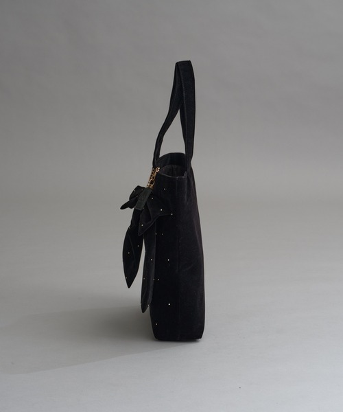 セール】リボンチャーム付き/ベロア×ビジュートートバッグ（トート