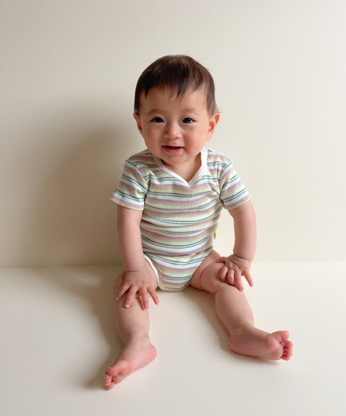 MAKE YOUR DAY(メイクユアデイ)の「無地とボーダーリブロンパス(ロンパース・キッズ・グレー/オフホワイト/イエロー/ピンク・70/80)」の4枚目の写真