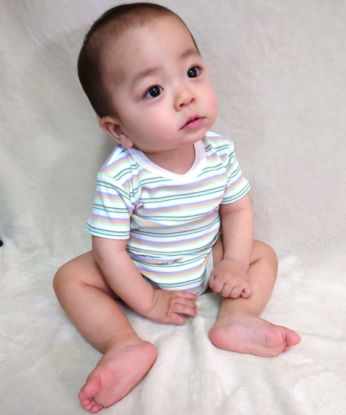 MAKE YOUR DAY(メイクユアデイ)の「無地とボーダーリブロンパス(ロンパース・キッズ・グレー/オフホワイト/イエロー/ピンク・70/80)」の17枚目の写真