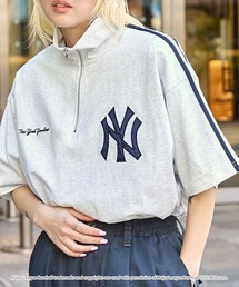 MLB/メジャーリーグベースボール 別注 ワッペン刺繍 ビッグシルエット サイドライン ハーフジップ半袖Tシャツ