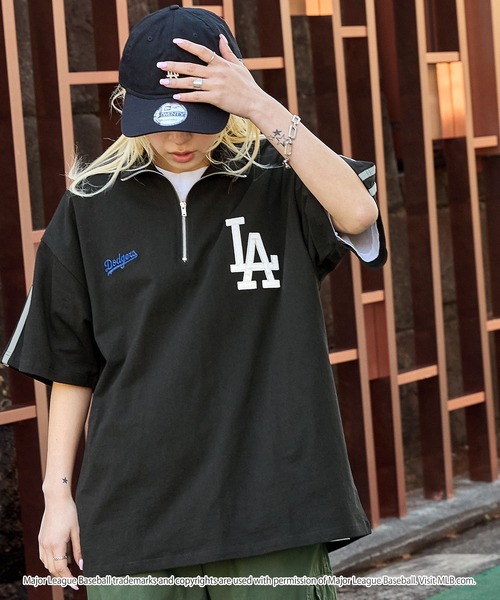 MLB メジャーリーグベースボール ドジャース　ハーフジップ半袖Tシャツ　L MLB/メジャーリーグベースボール 別注 ワッペン刺繍 ビッグ