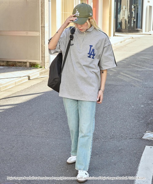 MLB メジャーリーグベースボール ドジャース　ハーフジップ半袖Tシャツ　L MLB/メジャーリーグベースボール 別注 ワッペン刺繍 ビッグ
