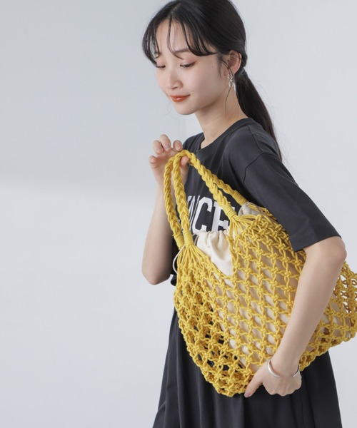 NANO universe（ナノユニバース）の「インポーチ付きマクラメバッグ（トートバッグ・レディース・アイボリー/ブラウン/グリーン/イエロー・FREE）」の4枚目の写真