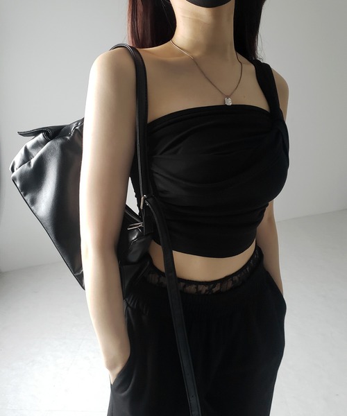 me+em select(ミームセレクト)の「※※【 カップ付き 】ワンショルアシンメトリーショートキャミソール / one shoulder asymmetry short camisole(キャミソール・レディース・ブラック/グレー・FREE)」の5枚目の写真