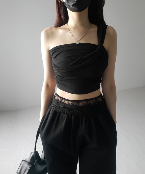 me+em select(ミームセレクト)の「※※【 カップ付き 】ワンショルアシンメトリーショートキャミソール / one shoulder asymmetry short camisole(キャミソール・レディース・ブラック/グレー・FREE)」の7枚目の写真
