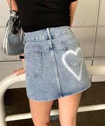 バックハートプリントデニムミニスカート