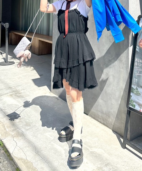 ランダムヘムキャミミニワンピ　ホワイト　フラワー フリルヘムキャミミニワンピース | レディースファッション通販