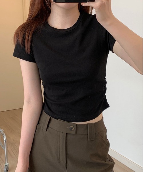 kirakiraShop(キラキラショップ)の「裾ギャザー コンパクト Tシャツ(Tシャツ/カットソー・レディース・ブラック/ライトブルー/モカ/ホワイト・L/M/S)」の3枚目の写真
