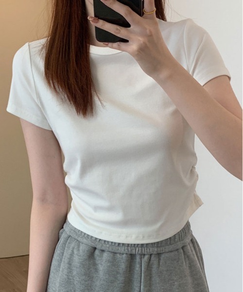 kirakiraShop(キラキラショップ)の「裾ギャザー コンパクト Tシャツ(Tシャツ/カットソー・レディース・ブラック/ライトブルー/モカ/ホワイト・L/M/S)」の7枚目の写真
