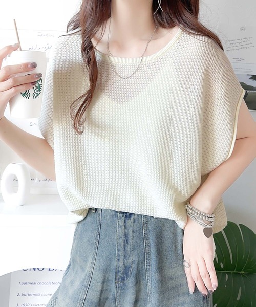 classicalelf(クラシカルエルフ)の「大人の着映えトップス。ワッフル編みフレンチサマーニットプルオーバー(Tシャツ/カットソー・レディース・ブラック/ベージュ/オフホワイト・MEDIUM/LARGE/X-LARGE/SMALL)」の20枚目の写真