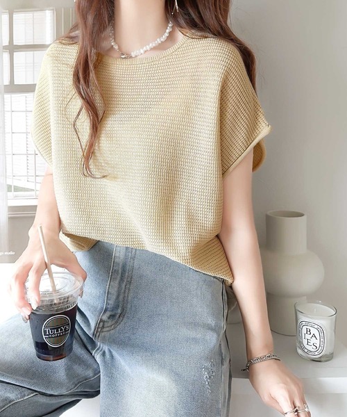 classicalelf(クラシカルエルフ)の「大人の着映えトップス。ワッフル編みフレンチサマーニットプルオーバー(Tシャツ/カットソー・レディース・ブラック/ベージュ/オフホワイト・MEDIUM/LARGE/X-LARGE/SMALL)」の12枚目の写真