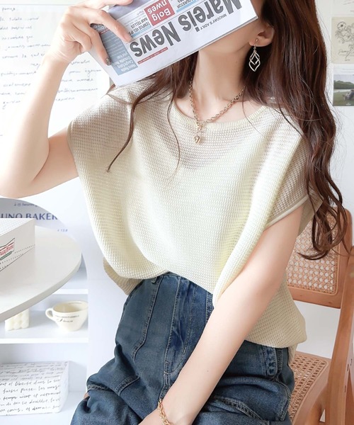 classicalelf(クラシカルエルフ)の「大人の着映えトップス。ワッフル編みフレンチサマーニットプルオーバー(Tシャツ/カットソー・レディース・ブラック/ベージュ/オフホワイト・MEDIUM/LARGE/X-LARGE/SMALL)」の17枚目の写真