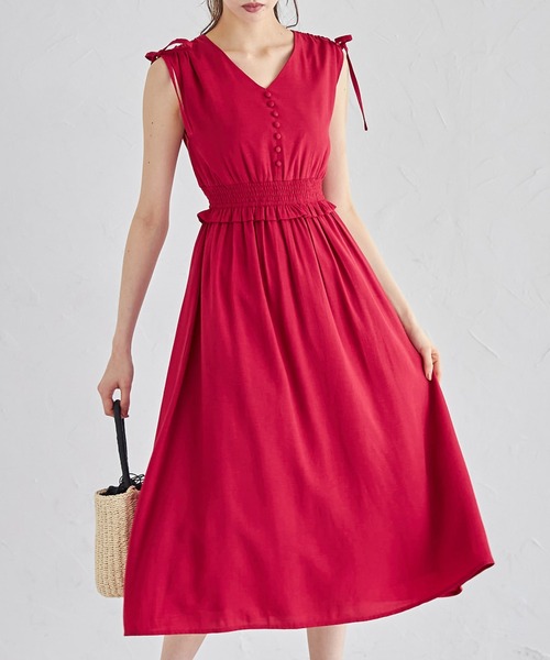 tocco closet（トッコ　クローゼット）の「ドロスト肩リボン付きウエストシャーリング麻タッチワンピース（ワンピース・レディース・レッド/ライトブルー/ブラック・M）」の3枚目の写真