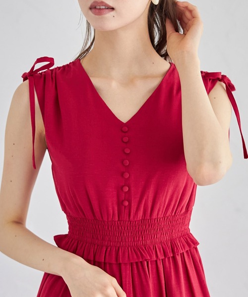 tocco closet（トッコ　クローゼット）の「ドロスト肩リボン付きウエストシャーリング麻タッチワンピース（ワンピース・レディース・レッド/ライトブルー/ブラック・M）」の10枚目の写真