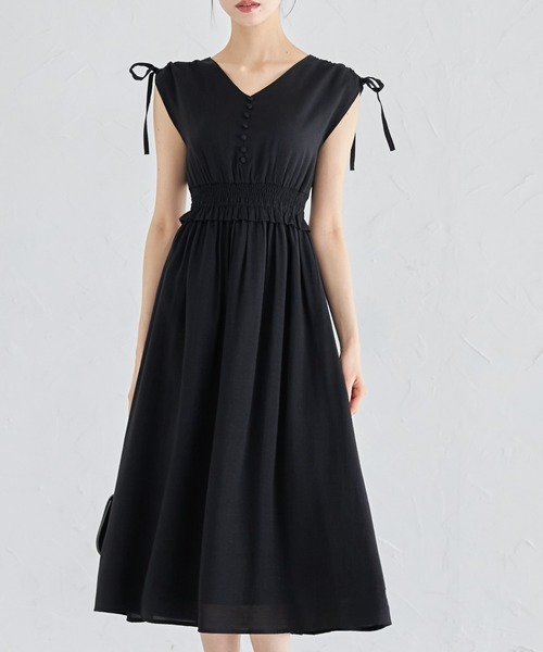 tocco closet（トッコ　クローゼット）の「ドロスト肩リボン付きウエストシャーリング麻タッチワンピース（ワンピース・レディース・レッド/ライトブルー/ブラック・M）」の20枚目の写真