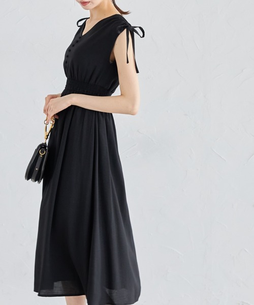 tocco closet（トッコ　クローゼット）の「ドロスト肩リボン付きウエストシャーリング麻タッチワンピース（ワンピース・レディース・レッド/ライトブルー/ブラック・M）」の21枚目の写真