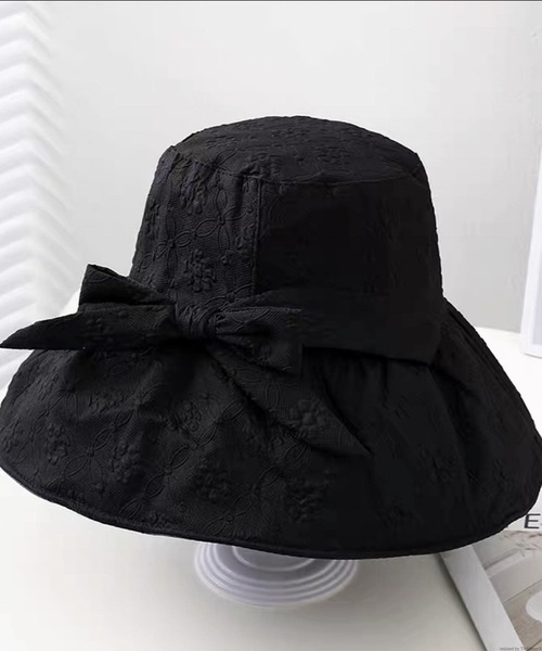 花柄バケットハット 小気味よく 黒リボン付き