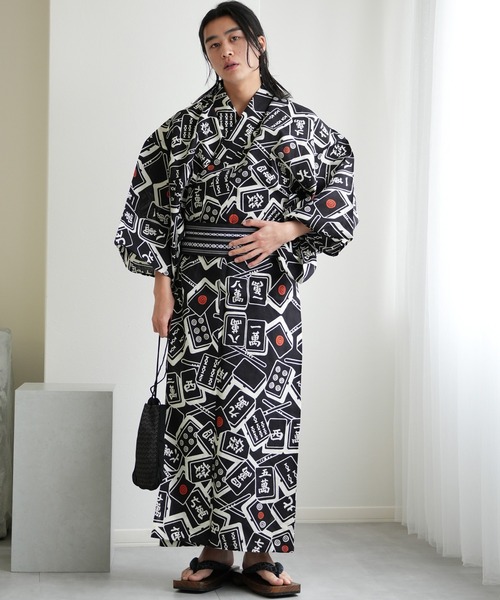 手染め注染メンズ浴衣3点セット utatane×注染工房 黒地の麻雀牌（浴衣