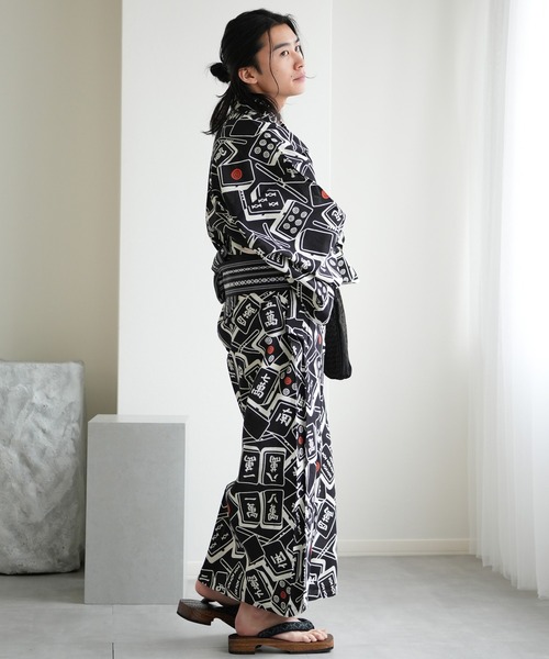 手染め注染メンズ浴衣3点セット utatane×注染工房 黒地の麻雀牌（浴衣