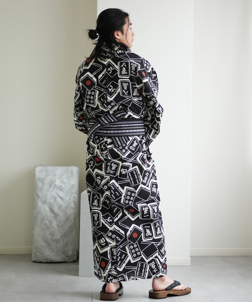 手染め注染メンズ浴衣3点セット utatane×注染工房 黒地の麻雀牌（浴衣