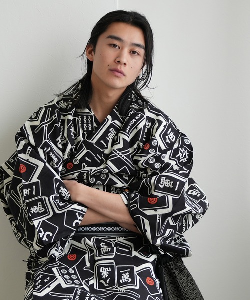 手染め注染メンズ浴衣3点セット utatane×注染工房 黒地の麻雀牌（浴衣