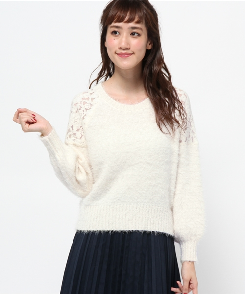 one after another NICE CLAUP（ワンアフターアナザーナイスクラップ）の「【ナイスクラップ】肩レースフェザープルオーバー（ニット/セーター・レディース・アイボリー/グレー/ピンク/ブラック・FREE）」の13枚目の写真