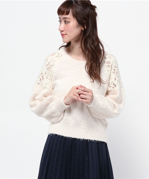 one after another NICE CLAUP（ワンアフターアナザーナイスクラップ）の「【ナイスクラップ】肩レースフェザープルオーバー（ニット/セーター・レディース・アイボリー/グレー/ピンク/ブラック・FREE）」の4枚目の写真