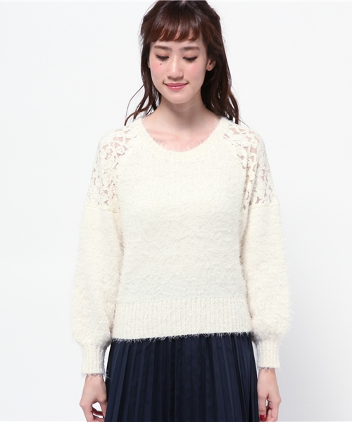one after another NICE CLAUP（ワンアフターアナザーナイスクラップ）の「【ナイスクラップ】肩レースフェザープルオーバー（ニット/セーター・レディース・アイボリー/グレー/ピンク/ブラック・FREE）」の5枚目の写真