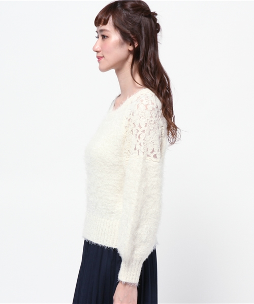 one after another NICE CLAUP（ワンアフターアナザーナイスクラップ）の「【ナイスクラップ】肩レースフェザープルオーバー（ニット/セーター・レディース・アイボリー/グレー/ピンク/ブラック・FREE）」の6枚目の写真