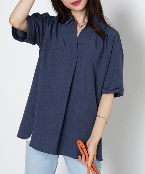 BELLUNA PLUS(ベルーナ)の「麻調素材スキッパーブラウス(シャツ/ブラウス・レディース・オレンジ/ネイビー/ターコイズブルー/ベージュ・MEDIUM/X-LARGE/LARGE)」の3枚目の写真