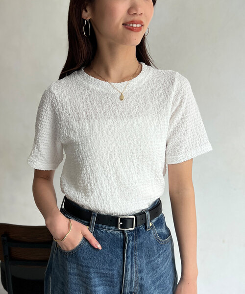 Chez toi(シェトワ)の「カットジャガードコンパクトTシャツ(Tシャツ/カットソー・レディース・ブラック/ブルー/オフホワイト・FREE)」の5枚目の写真