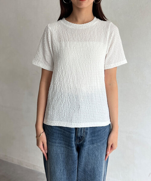 Chez toi(シェトワ)の「カットジャガードコンパクトTシャツ(Tシャツ/カットソー・レディース・ブラック/ブルー/オフホワイト・FREE)」の12枚目の写真