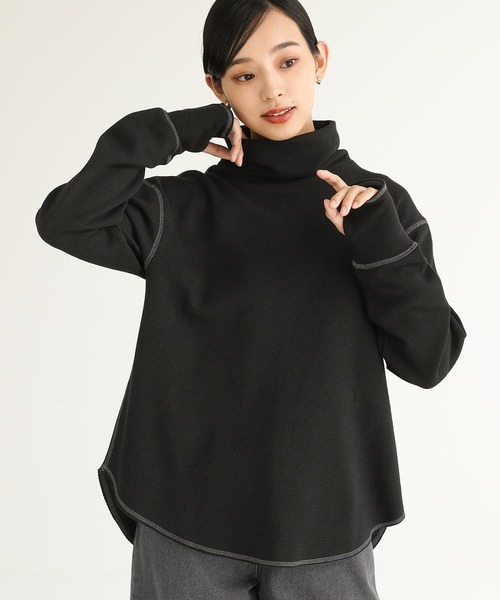 n'OrLABEL（ノアールレーベル）の「『配色ステッチワッフルタートルカットソー』（Tシャツ/カットソー・レディース・チャコールグレー/ブラック/アイボリー/ダークブルー・2/1）」の3枚目の写真