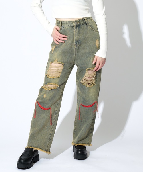 tinkerend（ティンカーエンド）の「【ユニセックス】Damage Straight Denim Pants / ダメージストレートデニムパンツ ポイント刺繍（デニムパンツ・レディース・ライトブルー・M/L）」の3枚目の写真