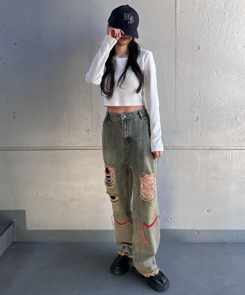 tinkerend（ティンカーエンド）の「【ユニセックス】Damage Straight Denim Pants / ダメージストレートデニムパンツ ポイント刺繍（デニムパンツ・レディース・ライトブルー・M/L）」の12枚目の写真