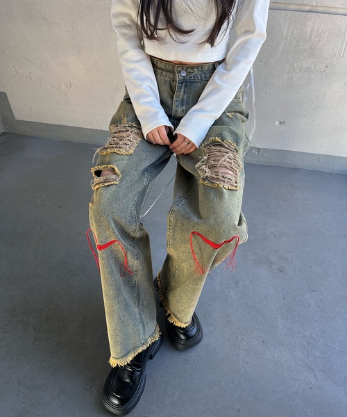 tinkerend（ティンカーエンド）の「【ユニセックス】Damage Straight Denim Pants / ダメージストレートデニムパンツ ポイント刺繍（デニムパンツ・レディース・ライトブルー・M/L）」の8枚目の写真