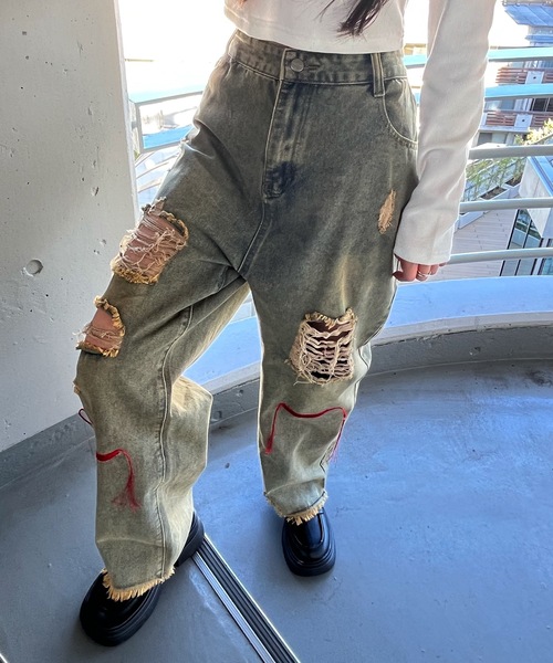 tinkerend（ティンカーエンド）の「【ユニセックス】Damage Straight Denim Pants / ダメージストレートデニムパンツ ポイント刺繍（デニムパンツ・レディース・ライトブルー・M/L）」の19枚目の写真