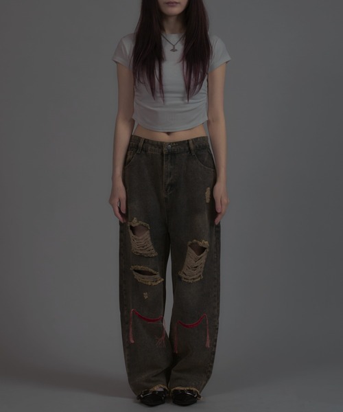 tinkerend（ティンカーエンド）の「【ユニセックス】Damage Straight Denim Pants / ダメージストレートデニムパンツ ポイント刺繍（デニムパンツ・レディース・ライトブルー・M/L）」の16枚目の写真